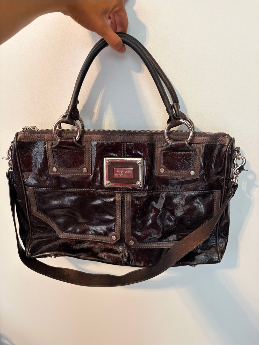 Vintage Patent Leather Satchel in Dark Brown